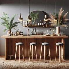 a bar with three stools and plants in the corner, next to it is a wall mounted mirror