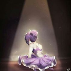 a painting of a woman in a purple dress sitting on the floor under a spotlight