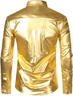 Men's Metallic Gold Long Sleeve Button Down Shirts Imported 98%Polyester&2%Spandex Button closure Machine Wash Men's Suit SIZE NECK CHEST WAIST SLEEVE S 14-14½″ 34-36″ 28-30″ 32-33″ M 15-15½″ 38-40″ 32-34″ 33-34″ L 16-16½″ 42-44″ 36-38″ 34-35″ XL 17-17½″ 46-48″ 40-42″ 35-36″ 2XL 18-18½″ 50-52″ 44-46″ 36-37″ 3XL 19-19½″ 54-56″ 48-50″ 37-38″ 4XL 20½-21″ 58-60″ 53-55″ 38″ 5XL 22-22½″ 62-64″ 58-60″ 38½″ Formal Gold Button-up Shirt, Gold Button-up Shirt For Formal Occasions, Fitted Gold Collared Top, Classic Gold Shirt For Party, Gold Shirt With Buttons For Fall, Casual Gold Shirt With Button Closure, Gold Long Sleeve Shirt With Buttons, Gold Slim Fit Long Sleeve Shirt, Fitted Gold Shirt With Button Closure