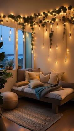 a living room filled with furniture and lots of lights