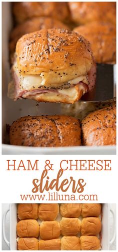 ham and cheese sliders are shown in this collage with the words, ham and cheese sliders