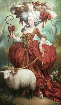 a painting of a woman in a red dress and sheep