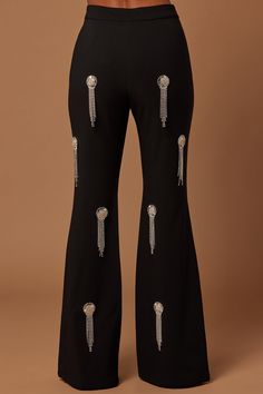 Available In Black. Embellished Pant Front Closure Embellished Fringe Detail Wide Leg Stretch Shell: 95% Polyester 5% Spandex. Imported | Ramona Embellished Pant in Black size Small by Fashion Nova Leg Stretching, Black Pants, Black Fashion, Fashion Nova, Wide Leg, Spandex, Size Medium, Pants, Black