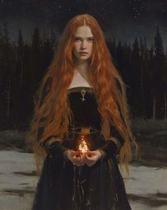 a painting of a woman with long red hair holding a lit candle in her hands