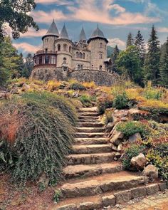 an old castle is shown on top of a hill in the middle of trees and bushes