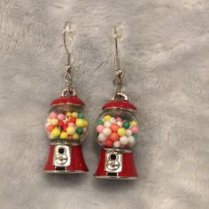 Gumball Pierced Earrings Nwt Handcrafted Novelty Artwear Surgical Steel French Wires, Enamel Painted Silver Metal Alloy Charm Glass. Dangle Measures 1.75”. Miniature Food Earrings, Fun Red Round Jewelry, Funky Earrings Aesthetic, Weird Earrings Aesthetic, Object Earrings, Maya Yoshida, Pop Art Jewelry, Silly Earrings, Crazy Earrings