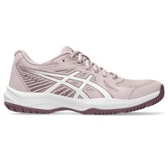 the women's asics running shoe is light pink with white and purple accents