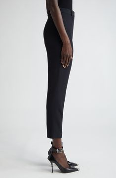 Sharp creases underscore the polished look of ankle-skimming cigarette pants impeccably tailored from signature leaf crepe. 28" inseam; 14" leg opening; 11" front rise; 16" back rise (size 44it) Zip fly with hook-and-bar closure Side-seam pockets; back welt pocket 52% viscose, 48% acetate Dry clean Made in Italy Designer Clothing Black Straight Silhouette Bottoms For Evening, Elegant Evening Bottoms With Straight Silhouette, Elegant Straight Silhouette Bottoms For Evening, Elegant Straight Silhouette Evening Bottoms, Sleek Straight Silhouette Bottoms For Evening, Elegant Cropped Leg Business Casual Pants, Elegant Cropped Leg Workwear Pants, Elegant Cropped Leg Pants For Business Casual, Elegant Cropped Leg Dress Pants For Work