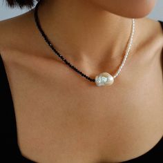 Baroque Pearl Stitching Black Spinel Freshwater Pearl Necklace - floysun Pearl Cluster Ring, Black Gems, Baroque Pearl Necklace, Pearl Cluster, Freshwater Pearl Necklace, Gold Bracelet Chain, Black Spinel, Freshwater Pearl Necklaces, Gold Plated Necklace