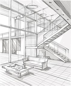 an architectural drawing of a living room with stairs and couches in the background stock illustration