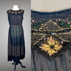 This is such a unique and gorgeous dress and I'm a little stumped on dating her, but my best bet is that she's in the realm of later 1910s to early 1920s. Made of fine black cotton silk blend with a semi-sheer hand with insertions of embroidered eyelet panels placed vertically down the skirt sides and horizontally across the front and back hem. Tiered silk separates each eyelet panel from waist down to hem. The neckline is styled with a velvet trimmed eyelet collar that is partially hidden by the large amount of embellishments including jet black beadwork, faceted green jewels, gold tone tube beads, black mesh net embroidered with silk floss flowers, gold metallic bullion thread and sequins! The eyelet insertions are also trimmed in black beaded strips and fringed hems. A pink and black si 1920s Couture, Gold Bullion, Velvet Trim, Eyelet Dress, 1920s Fashion, Historical Dresses, Beaded Trim, Silk Ribbon, Black Silk