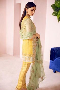 Pakistani Designer Fancy Dress in Mustard Color Backside