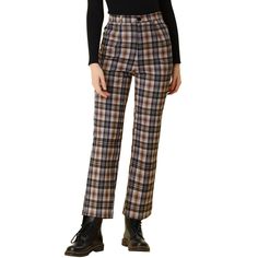 Style these trousers with a solid top for the ultimate look. With a zip and button fastening, these trousers sit at the point where style and practicality meet. How it is a bit high waist and how it gathers at the waist, adding shape to the body. Bolster your formal separates with a fashionable plaid style. Classic plaid pants feature a straight-fit leg for a relaxed vibe with work-to-weekend versatility. Plaid Trousers, Pants Brown, Work Trousers, Brown Outfit, Preppy Look, Plaid Fashion, Plaid Pants, Cropped Trousers, Solid Tops