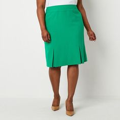 Black Label by Evan-Picone designs suiting to flatter your shape and create a sharp tailored look that's perfect for traditional office settings or special occasions like a wedding or fancy dinner. This women's plus suit skirt is cut in a knee-length from a soft crepe in an earthly green hue and features a concealed side zip closure and front and back kick pleats. Pair with the matching blazer.Front Style: Flat FrontClosure Type: ZipperFit: Classic FitRise: Mid RiseApparel Length: 26 InchesFiber Classic Green Skirt Suit For Work, Green Workwear Skirt, Green Lined Pencil Skirt For Work, Fitted Green Skirt For Workwear, Suit Skirts, Womens Suit, Traditional Office, Kick Pleat, Fancy Dinner