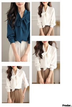 Fredar – Chic White Blouse with Bow Tie, Long Sleeves and Sheer Chiffon – Elegant White Shirt – Fredar Boutique White Blouse With Bow, Blouse With Bow, Sheer Chiffon, White Blouse, White Shirt, Bow Tie, Workout Clothes, Chiffon, Long Sleeves