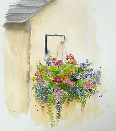 a watercolor painting of flowers hanging from the side of a building with a roof