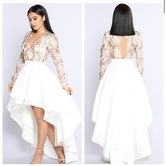 New Fashion Nova Take You Down High Low Dress. Size Large. Arms Are A Little Tight With The Woven Material Up Top. Beautiful Gown. Never Worn White Long Sleeve Maxi Dress For Date Night, White Long Sleeve Maxi Dress For Prom, White V-neck Maxi Dress For Night Out, White High-low Hem Midi Dress For Spring, Elegant White High-low Hem Dress, White High-low Hem Maxi Dress, Elegant White High-low Hem Maxi Dress, White Fitted High-low Hem Maxi Dress, Fashion Nova White Dress