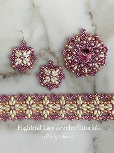 beaded jewelry set with pink and white beads on a marble countertop in the shape of an ornament