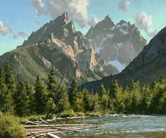 a painting of a mountain range with trees in the foreground and a river running through it