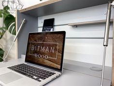 an open laptop computer sitting on top of a white desk next to a potted plant