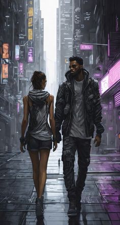 a man and woman walking down a city street in the rain with neon lights behind them