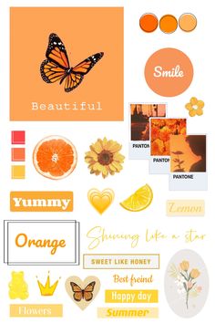 a bunch of different types of stickers on a white surface with oranges and flowers