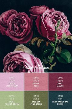 a bunch of pink roses sitting on top of each other in color swatches,