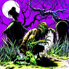 an image of a creepy graveyard scene with zombies on the ground and trees in the background