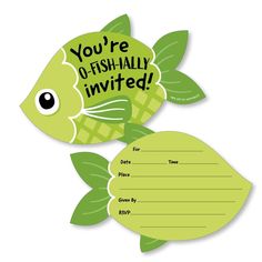 two green fish shaped party cards with the words you're o - fish ally