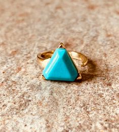 18k gold over brass, electroplated, adjustable, natural stone. Adjustable Gold Turquoise Gemstone Ring, Gold Adjustable Turquoise Ring, Adjustable Gold Turquoise Ring, Adjustable Gold Turquoise Ring In Spiritual Style, Adjustable Gold Spiritual Turquoise Ring, Gold Turquoise Ring With Large Stone As Gift, Triangle Ring, Solitaire Rings, Ring Gold