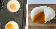 an egg in a muffin tin and another photo of eggs inside the muffin tin