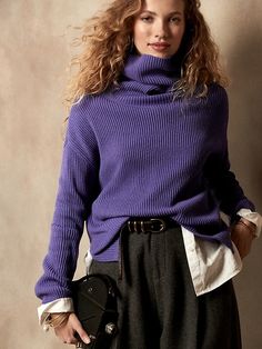 Italian Wool-Cashmere Blend Turtleneck Sweater | Banana Republic Berry Color Sweater, Purple Turtle Neck Sweater, Womens Purple Sweaters, Purple Sweater Outfit, Turtleneck Style, Oversized Turtleneck Sweater, Purple Daisy, Oversized Turtleneck, Sweater Outfit