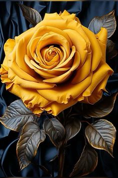 a yellow rose with green leaves in front of a black background and gold border around it