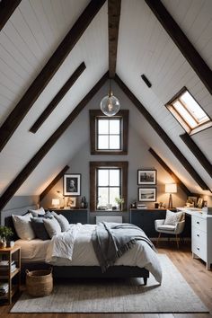 an attic bedroom with white walls and wooden floors, large bed, two nightstands on either side