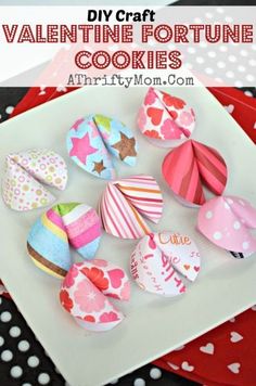 valentine fortune cookies on a plate with polka dots