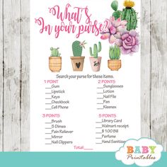 a printable baby shower game with cacti and succulents