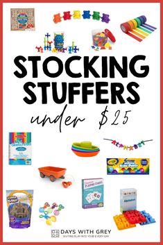 the flyer for stocking stuff is shown with toys and other items on it,