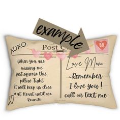 a pillow that has been made to look like an old postcard with writing on it