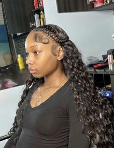 Added Weave Hairstyles, New Back To School Hairstyles, Two Braid Curly Wig, Prom Ideas Hairstyles, Quick Weave With Braids On The Side, Sew In Two Braids, 2 Braids With Sew In In The Back, Birthday Black Hairstyles, French Braids With Sew In Weave