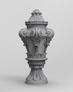 a tall white vase sitting on top of a gray floor next to a grey wall