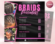 Braids Price List Flyer Templates | Beauty Salon Hair Stylist Pricing DIY Bundle Makeup MUA Design Boutique Social Media Editable Canva ▶ SIZE OF THE TEMPLATE: ✔ 1080 X 1080 Px This flyer template is a downloadable digital file that can be edited using Canva. It can be customized with your information and branding. Canva is a free and user-friendly online design tool. The template includes a Canva template file, a PDF file with a link to edit the template, and lifetime access to the template. Pl Hair Business Price List, Hair Price List Ideas Braids, Business Flyer Design Ideas, Hair Price List Ideas, Hair Flyers Ideas, Braids Price List, Braid Business, Hair Price List, Boutique Social Media