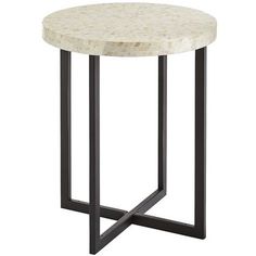 a marble top side table with black metal legs and an iron base, on a white background