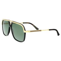 Gucci GG0200S Sunglasses arrive with classic, timeless design with a modern twist. Made for both men and women, this pilot style showcases a black and gold frame with green lenses. Made to be durable yet comfortable, these Gucci sunglasses also feature ergonomic ear socks. The iconic Gucci stripes can be spotted on the arms next to the traditional 'GG' logo. Size: 57-14-145.  Gender: unisex.  Age Group: adult. Buy Gucci, Gucci Sunglasses, Premium Brands, Green Man, Gold Frame, Timeless Design, Mens Sunglasses, Bag Accessories, Stripes