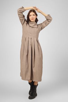 "Winter Pebble grey maxi dress for women, Wool pleated dress, Made to order, Custom made, Plus size -Model height: 5'37\" wearing size S -Length: 48\" -Fit: Comfortable" Modest Pleated Maxi Dress, Modest Pleated Midi Maxi Dress, Modest Pleated Maxi Dress For Fall, Gray Maxi Length Dress For Fall, Winter A-line Pleated Maxi Dress, Fall Beige Pleated Midi Dress, Fall Pleated Waist Maxi Dress, Fall Maxi Dress With Pleated Waist, Long Pleated Maxi Dress For Fall