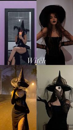 four different pictures of women dressed up in witches costumes and hats, with the caption witch