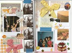 an open scrapbook with pictures and ribbons on it's pages, including photos