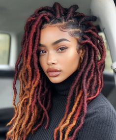 Burgundy Twists Copper Red Hair Color Black Women Locs, Burnt Orange Locs Black Women, Auburn Dreadlocks Black Women, Burgundy And Burnt Orange Locs, Burgundy Twists, Hair Colors Black Women, Red And Black Dreads Black Women, Colored Bobs, Hair Colors For Black Women