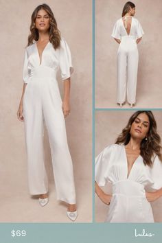 Look like the epitome of elegance the moment you step down the aisle in the Lulus Radiant Passion White Satin Dolman Sleeve Wide-Leg Jumpsuit! The sleekest woven satin shapes this chic jumpsuit that features a lightly gathered bodice with a plunging V-neckline (and back), all framed by short dolman-style sleeves. The flattering, set-in-waist tops breezy, wide pant legs that end at full-length hems. A slender tying strap secures at the back for a cute finish. Hidden back zipper/clasp. Fit: This g Bridal Jumpsuit Lulus, White Jumpsuit Wedding Long Sleeves, White Bridal Jumpsuit Lulus, Rehearsal Dinner Dress Jumpsuits & Rompers, Elegant White Wide-leg Jumpsuit, Cruise Wedding, Jumpsuit Chic, Cruise Outfits, White Satin