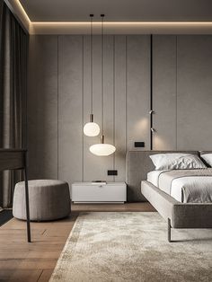 a modern bedroom with grey walls and white bedding, two lamps on the ceiling