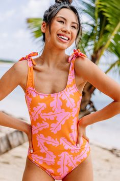 orange and pink palm one piece Boutique Swimwear, Somewhere On A Beach, Cute One Piece Swimsuits, Beach Pink, Floral Cocktail Dress, Black Tie Dress, Long Sleeve Outerwear, Two Piece Swimwear, Cute Preppy Outfits